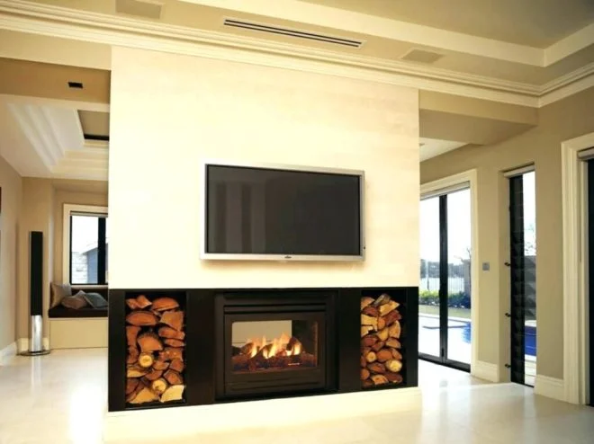 Stone Surround Electric Fireplace with TV Above
